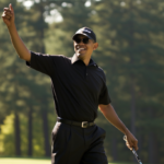 Barack Obama celebrating on a golf course